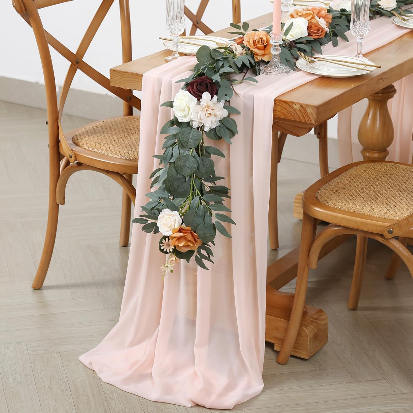 Light Peach Chiffon Table Runner, 27x120 Inches Long for Baby Shower and Wedding Decorations