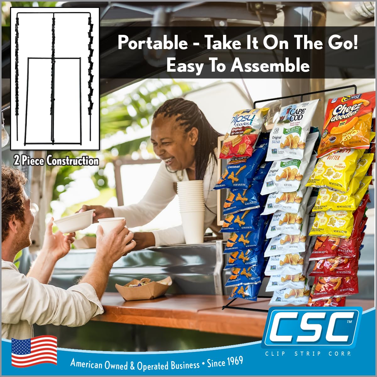 Snack Rack Countertop Display Stand, 3 Rows, 45 Clips, Black, Metal, Hang Chips, Snacks, Candy at Retail, Great for Parties and Events,1 Pack