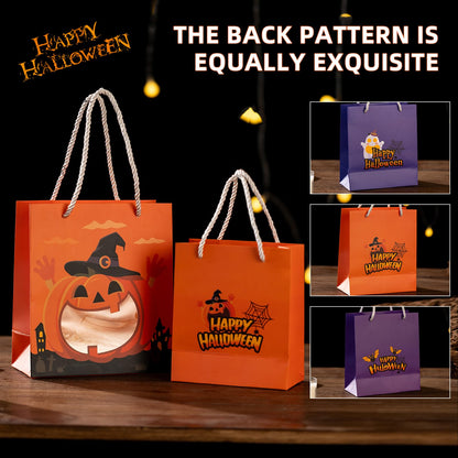 CcXxMming 30 PCS Halloween Treat Bags with Handles and Raffia Grass, 3 Designs Pumpkin Ghost Bat, Small & Medium Sizes, Halloween Candy Goodie Bags with Transparent Window, Party Favor Bags（Medium）