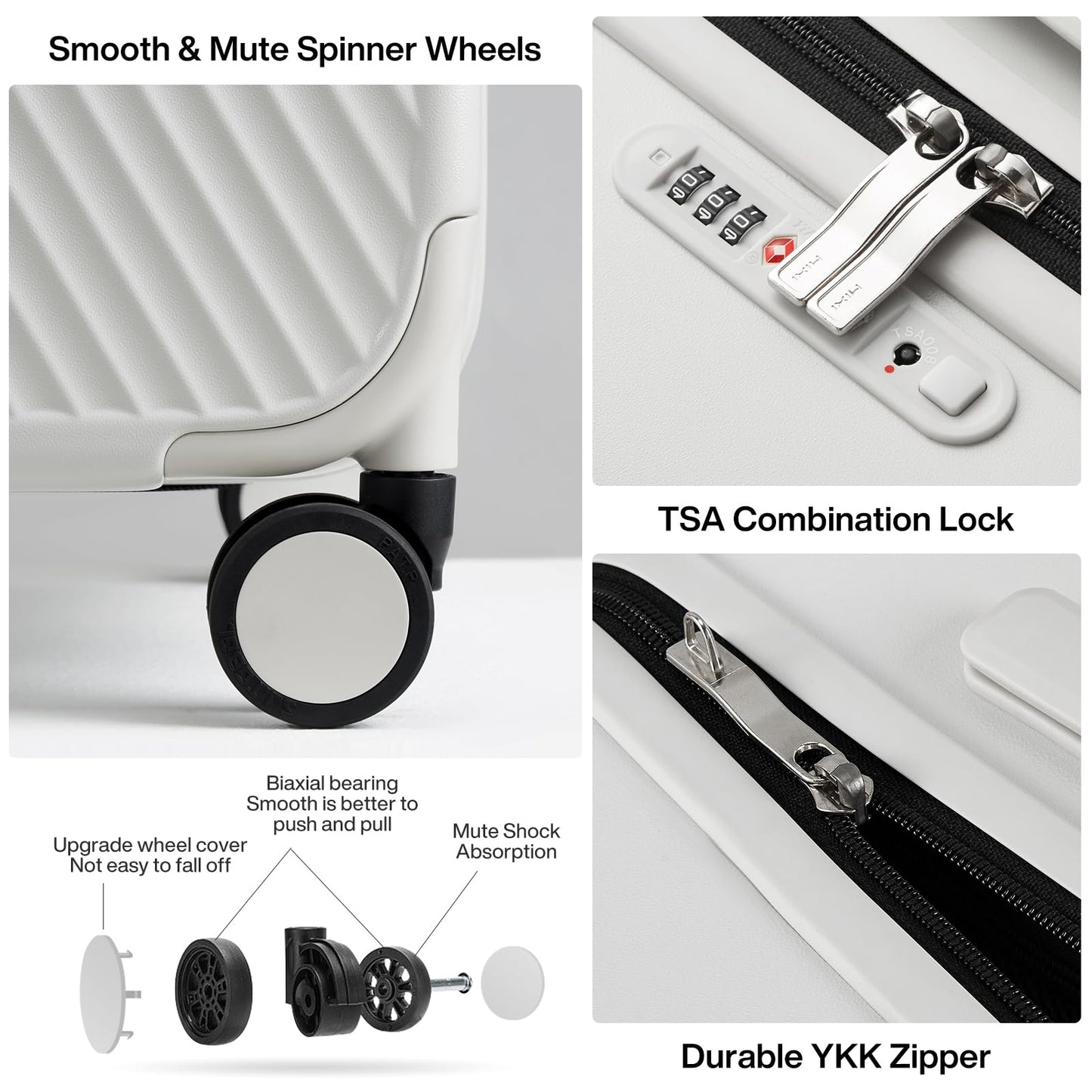 mixi 26 Inch Large Checked Luggage Suitcase with Spinner Wheels Upgrade Wide Handle PC Hard Shell Rolling Travel Suitcase with TSA Lock, Smoke White