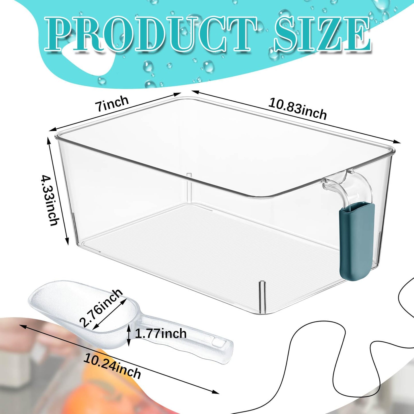 Havawish Ice Bin and Flexible Scoop Set Plastic Freezer Ice Bin with Pull out Handle Storage Bucket Clear for Container with Bucket Scoop (Dark Blue, Clear,10.83 x 7 x 4.33 in)
