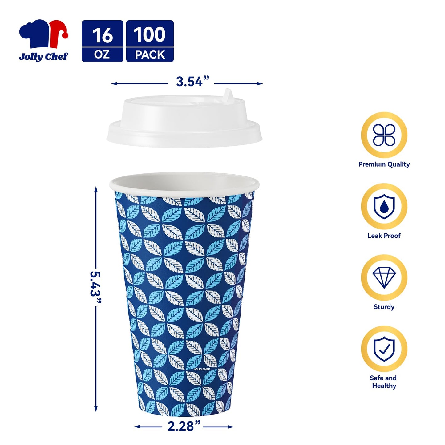 JOLLY CHEF 16 oz Coffee Cups with Lids 100 Pack, Disposable Hot Paper Coffee Cups with Lids, Sleeves and Stirrers for Christmas, Thanksgiving, Party
