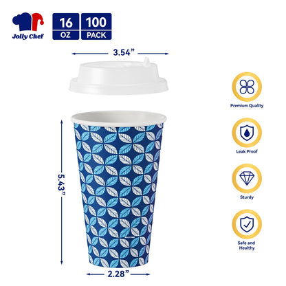 JOLLY CHEF 16 oz Coffee Cups with Lids 100 Pack, Disposable Hot Paper Coffee Cups with Lids, Sleeves and Stirrers for Christmas, Thanksgiving, Party