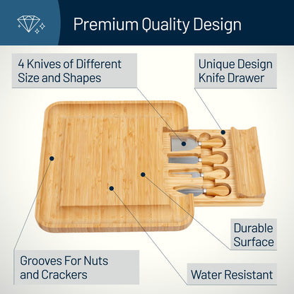 RoyalHouse Bamboo Cheese Board and Knife Set with Slide-Out Cutlery Drawer - Charcuterie Boards Set & Cheese Platter - Birthday Gifts for Women, Wedding Gifts for Couples 2025, Bridal Shower Gifts