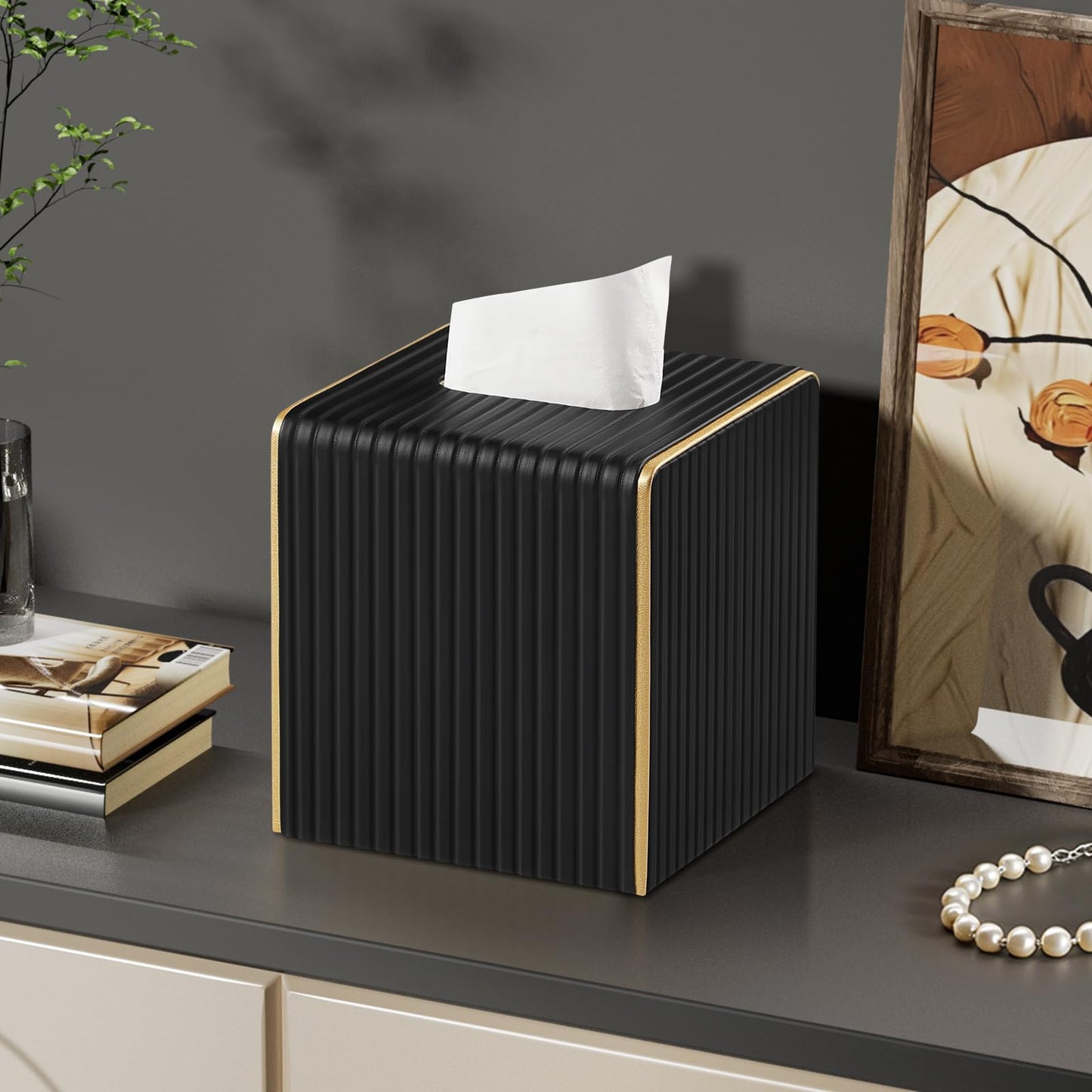 Square PU Leather Tissue Box Cover with Magnetic Closure, Decorative Tissue Holder & Storage Container for Bedroom, Living Room, Dining Room, Bathroom, Countertop, Desk & Office (Beige)