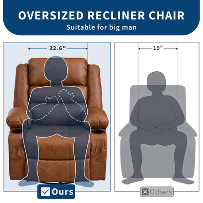Rocking Recliner Chair for Adults PU Leather Wide 360° Swivel Rocker Recliner with Cup Holder Nursery Glider with Upholstered Deep Seat Lazy boy Chair for Living Room Brown