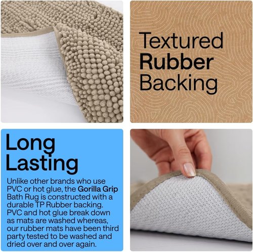 GORILLA GRIP Bath Rug Mat - Thick Absorbent Chenille | Quick-Dry Microfiber, 54x24, Gray Beige