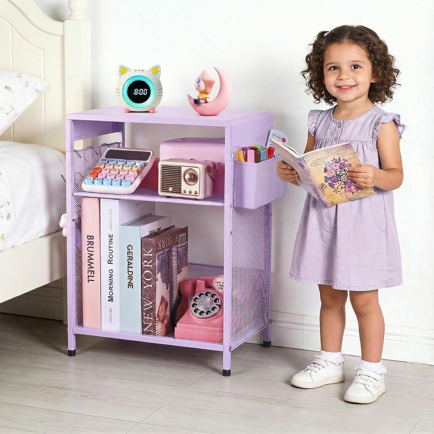 19in 3-Tier 3 ECOLOVI Kids Nightstand High for Floor Beds, Metal Small Bedside Table with Adjustable Storage Shelf