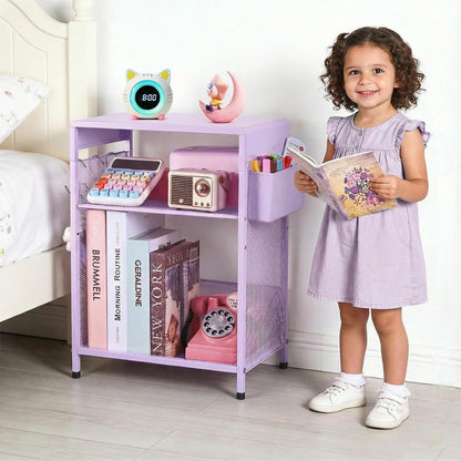 19in 3-Tier 3 ECOLOVI Kids Nightstand High for Floor Beds, Metal Small Bedside Table with Adjustable Storage Shelf