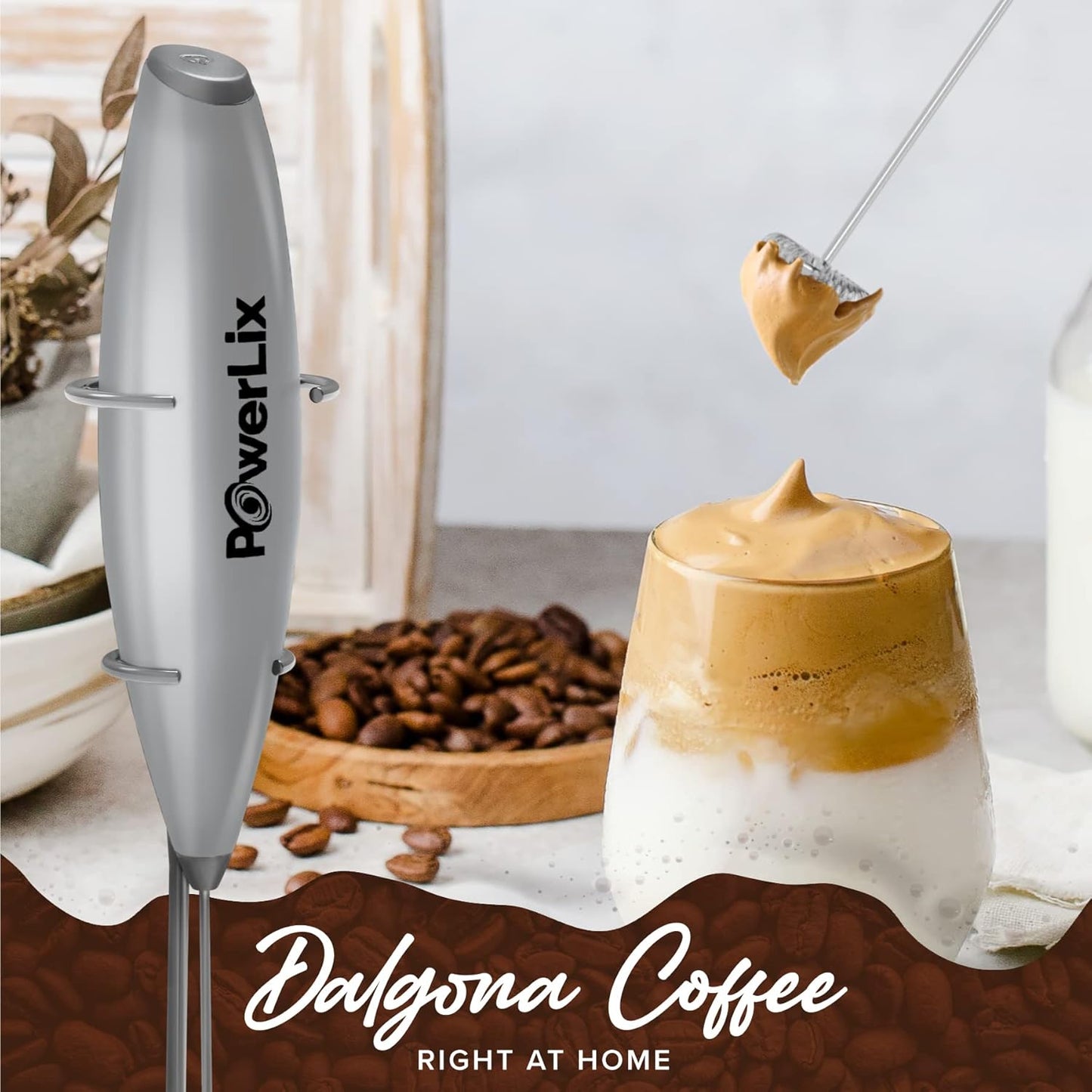 PowerLix Handheld Milk Frother Electric Whisk Foam Maker for Coffee, Latte, Cappuccino, Hot Chocolate, Grey with Stand