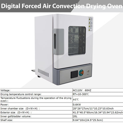 THUXEON 110V Digital Forced Air Convection Drying Oven, Intelligent Temperature Control, Three-Speed Control Fan, 0.6KW Power Electric Blast Drying Oven for Industrial/Research Institutes