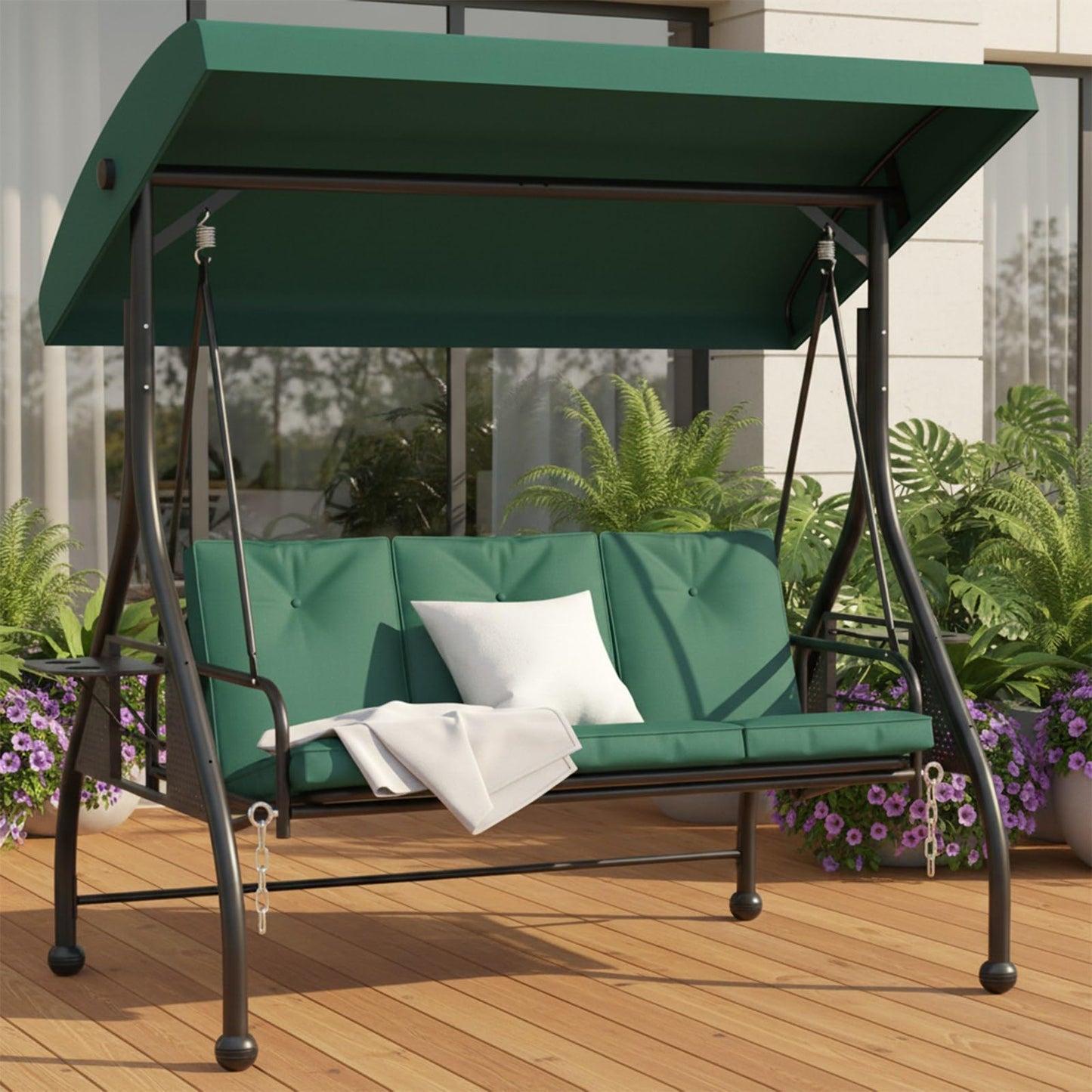 3 Person Outdoor Adult Porch Swings Bed with Stand & Adjustable Canopy, Patio Swing Daybed with Foldable Side Tray w/Thicken Cushions for Adults for Balcony Garden Deck Green