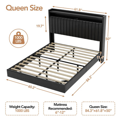 IDEALHOUSE Queen Floating Bed Frame with LED Lights and Storage Headboard, Bed Frame with Modern Minimalist Style for Bedroom/Vacation Home,Silent & No Box Spring Required,Easy to Assemble,Black