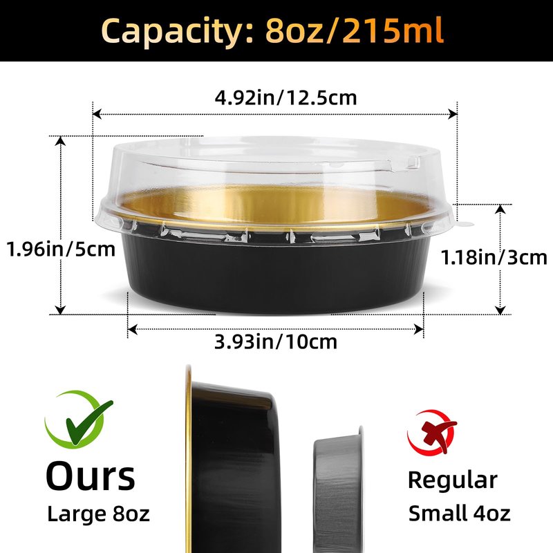 Beasea Disposable Creme Brulee Ramekins with Lids, 120 Pack 4 Inch 8oz Mini Pie Tins Black Gold Mini Small Aluminum Foil Pie Tart Cake Baking Pans Individual Round Containers Oven Safe for Baking