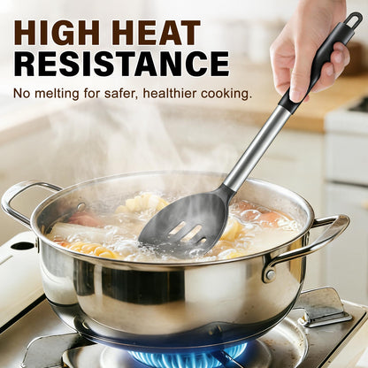 3 Pcs Silicone Cooking Spoon Set, Kitchen Utensils Include Solid & Slotted Spoon, Soup Ladle, Food-Grade Heat Resistant, Non-Scratch Spoons for Serving, Stirring, Draining, Dishwasher Safe, Black
