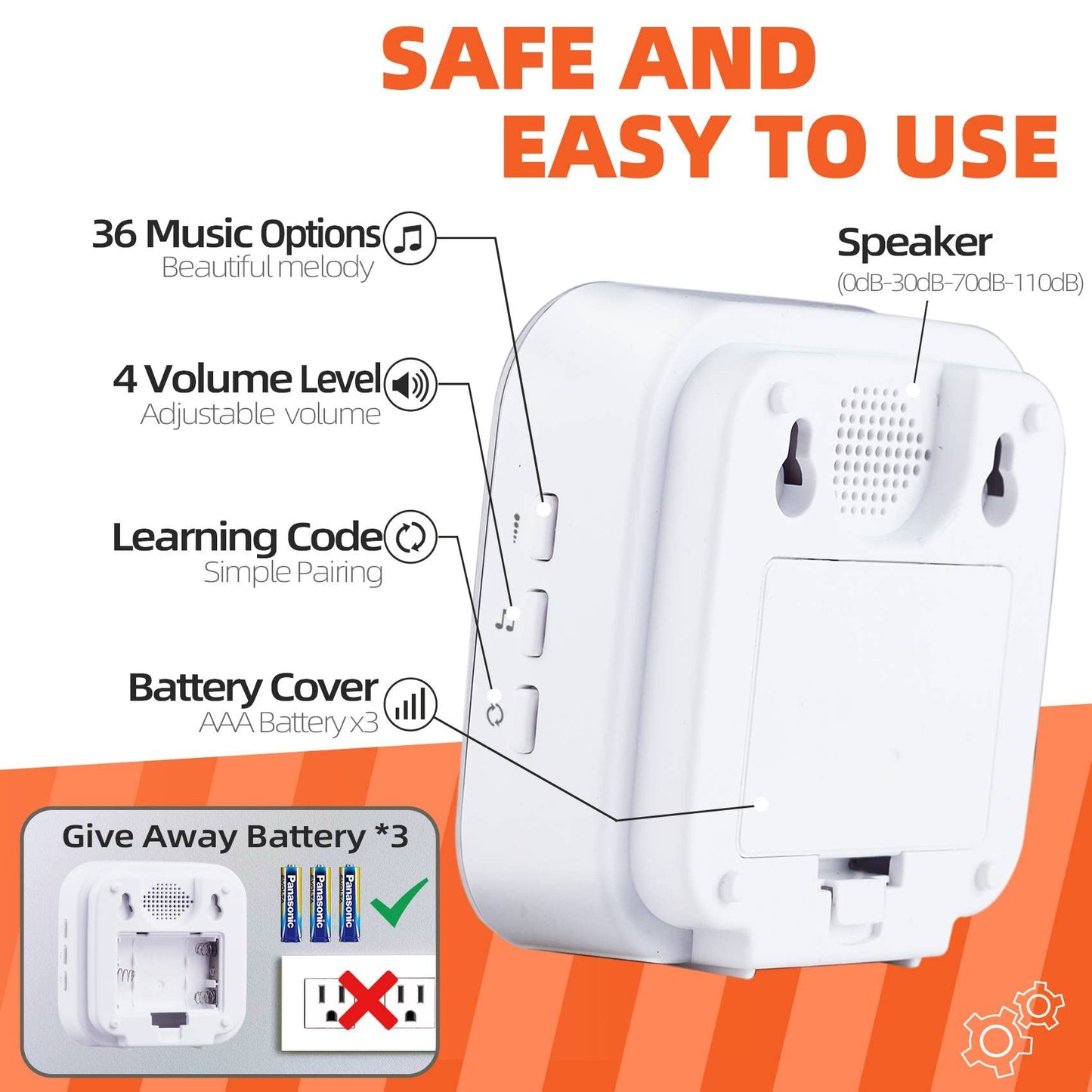 Wireless Doorbell 1200 Feet Battery Operated Wireless Doorbells for Home Hearing Impaired Doorbell at with 36 Melodies 4 Volume light（1 Button & 1 Portable doorbell White)