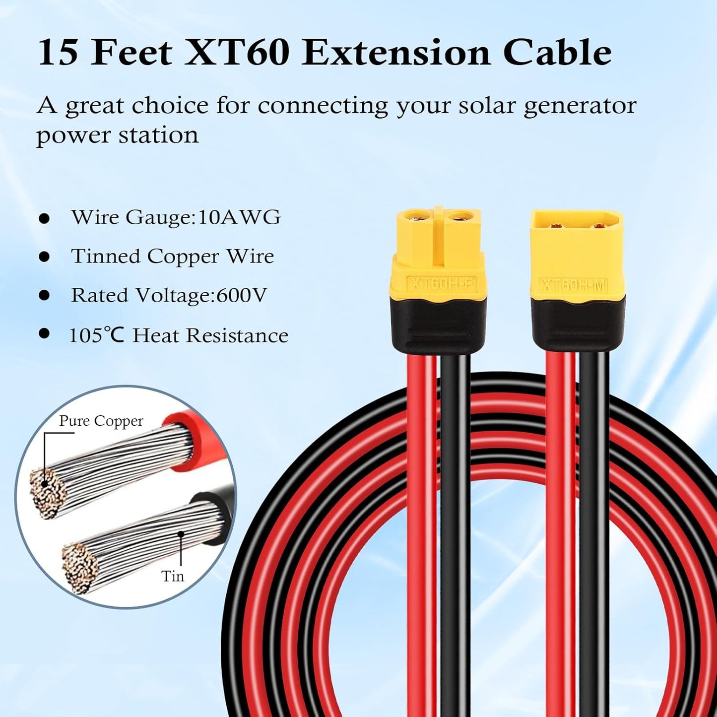 XT60 Extension Cable 10AWG 15FT, XT60 to XT60 Cable with Male to Female Connector for Portable Power