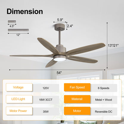 WINGBO 54" Ceiling Fan with Light - 5 Carved Solid Wood Blades, 6-Speed Reversible DC Motor, Dimmable, 3CCT, Noiseless Remote Control Ceiling Fans with Lights for Bedroom Living Room, Charcoal Gray
