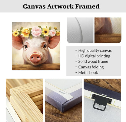 ZXHYWYM Funny Pig Wall Art - Pink Pig with Flower Canvas for Rustic Farmhouse Kitchen Decor, 12"x12" Frame