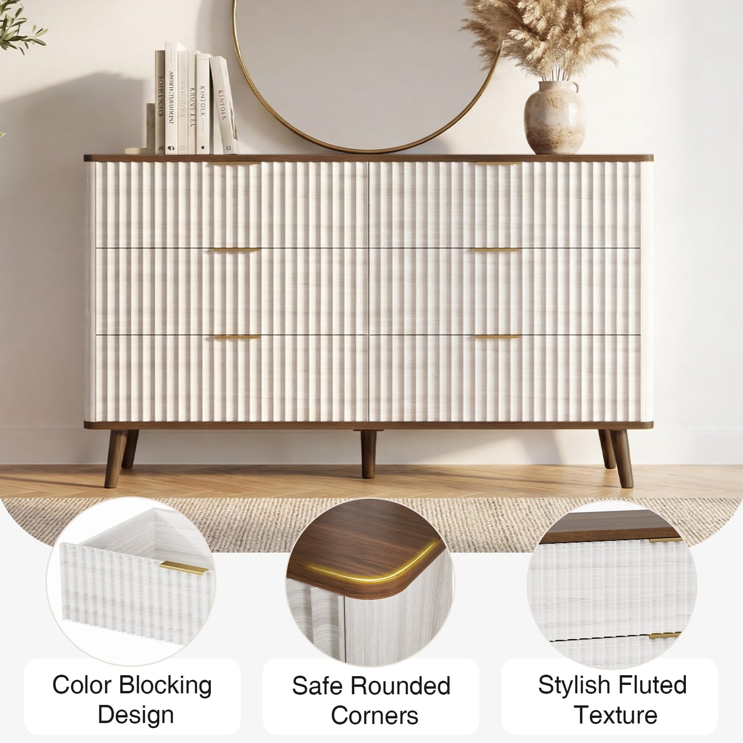 Mapleyard Fluted 6 Drawers Dresser, 47" Wide Wooden Chest of Drawers, Modern Mid Century Storage Closet Long Large Dresser for Bedroom, Living Room,Hallway, Entryway, Nursery Room, Beige + Walnut