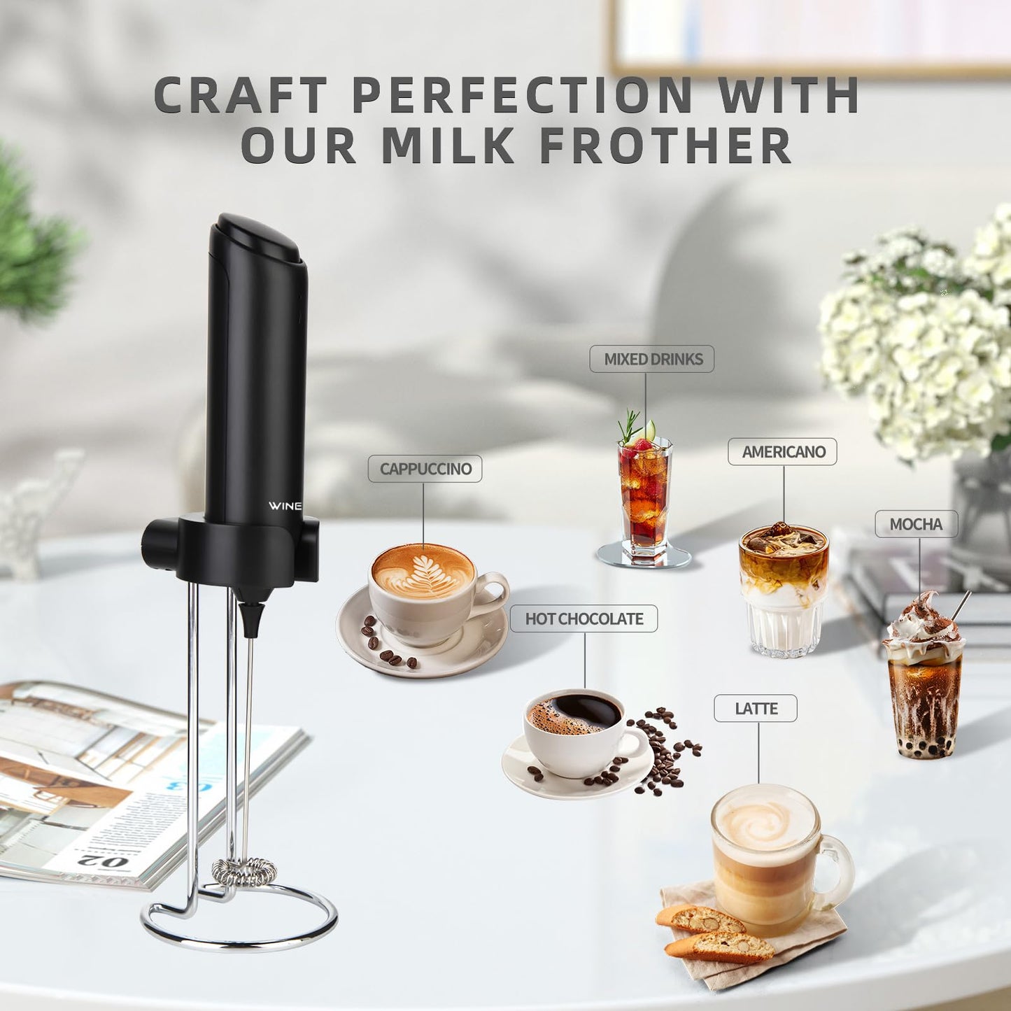 WINETELL Rechargeable Electric Milk Frother Handheld, Coffee Frother with USB C Charging Stand, Powerful Frother Wand Whisk, Drink Mixer for Lattes, Hot Chocolate, Matcha, etc