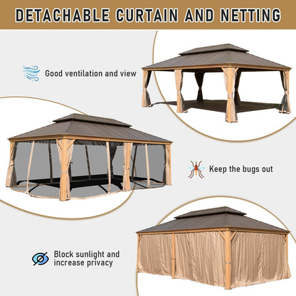 GOWE 14x24FT Hardtop Gazebo, Outdoor Gazebo with Galvanized Steel Double Roof, Aluminum Frame, Built-in Gutter System, Curtain and Netting, Metal Gazebo Pavilion for Patio Deck Garden, Wood-Looking