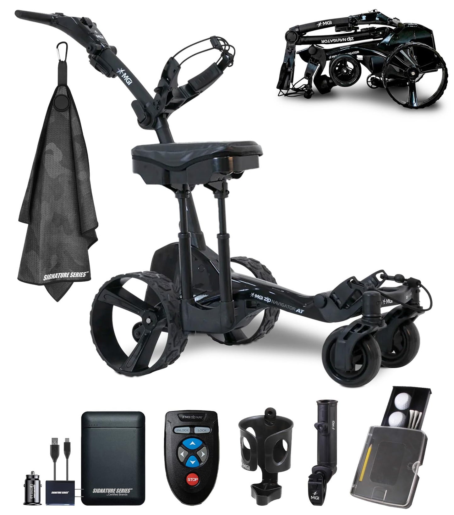 MGI Zip Navigator All Terrain Electric Golf Cart with Seat Attachment | Full Directional Remote Controlled Motorized Golf Push Cart with Accessories and Signature Series Golf Towel | Plays 36 Holes