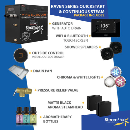 SteamSpa Steam System 12kW Steam Shower Generator with Bluetooth Wifi, Quickstart Continous Steam, Advanced Touch Pad Screen, Chroma Lights, Drain Pan and Auto Drain Black RVBS1200BK-A