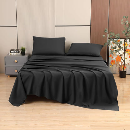 Toodou Soft Brushed Microfiber Black Twin Size Fitted Sheet, Comfortable and Durable Mattress Cover
