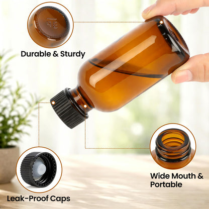 TBWIND 54 Pack 2oz Amber Glass Boston Round Bottles with Airtight Polycone Caps, Travel Size Glass Bottles for Essential Oils, Perfume, Vanilla Extract, Tinctures & DIY Samples