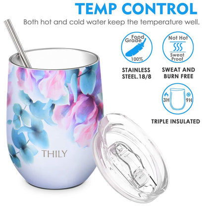 THILY Stainless Steel Stemless Wine Tumbler 4 Pack Vacuum Insulated Travel Wine Glasses with Sliding Lids and Straws, 12 oz, Keep Cold for Juice, Coffee, Beer, Flower Series