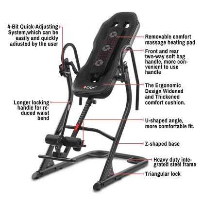 Teclor Inversion Table,Advanced Heat and Massage Function,Strength Training Inversion Table for Back Pain Relief,350 lbs Capacity with Thickened 3D Memory Foam backrest,Black