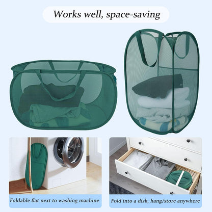 Collapsible Laundry Basket 2 Pack, Green Mesh Pop Up Hampers with Handles, Large Portable Travel Laundry Bag