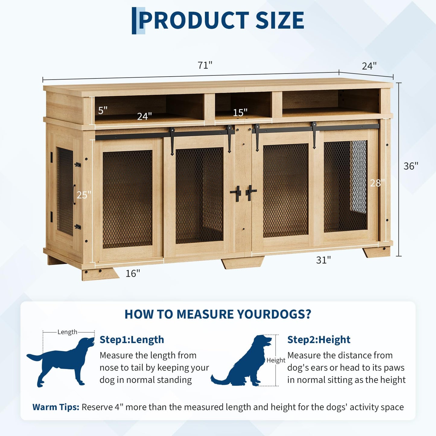 Garvee 71'' Dog Crate Furniture for 2 Dogs, Extra Large Double Dog Kennel Indoor with Removable Divider and Storage Drawers, Wooden Dog Crate TV Stand for Large Medium Dogs