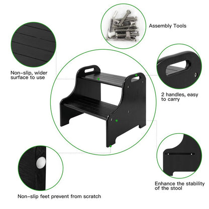 VaeFae Bamboo 2 Step Stool with Non-Slip Step Treads and 2 Cutout Handles (Black)