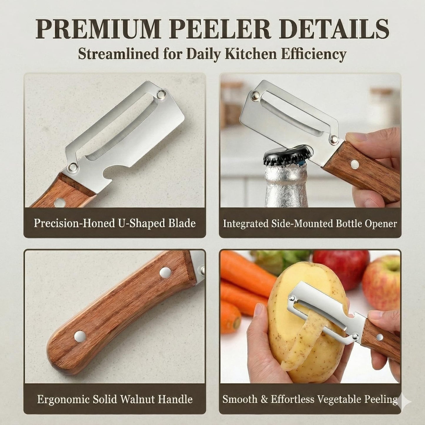 Multifunctional Vegetable Peeler with Wooden Handle, 2-in-1 Stainless Steel Vegetable Peeler with Built-in Bottle Opener for Kitchen, Hand Held Peeler Slicer Kitchen Tool for Fruit and Vegetable