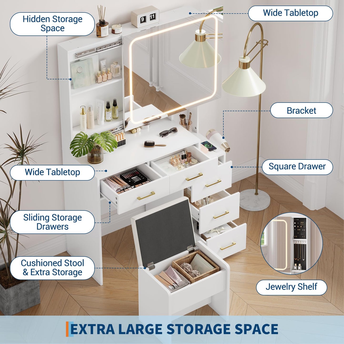 GlowSol Vanity Desk with Mirror and Lights, White Makeup Vanity with Jewelry Organizer, LED Glass Cabinet, 3 Light Modes, Power Outlet, 5 Drawers, Vanity Table Set with Padded Storage Stool