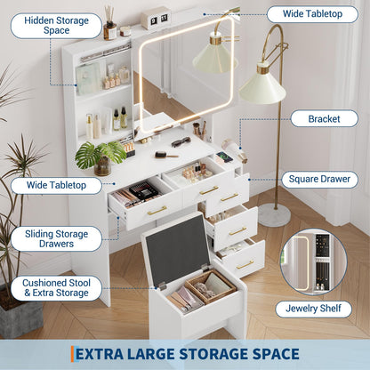 GlowSol Vanity Desk with Mirror and Lights, White Makeup Vanity with Jewelry Organizer, LED Glass Cabinet, 3 Light Modes, Power Outlet, 5 Drawers, Vanity Table Set with Padded Storage Stool