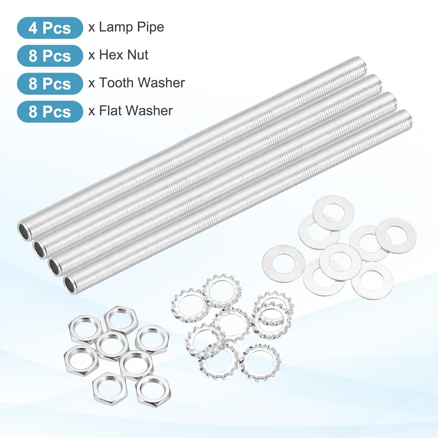 MECCANIXITY 28Pcs 11.8" Lamp Pipe Nipples Kit with Hex Nuts Washers, 1/4IP All Threaded 1/2" Outer Diameter Lamp Rod Hollow Tube Fasteners for Lamp Assembly Chandelier DIY Repair, Silver