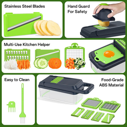 HomeHacks Vegetable Chopper Vegetable Cutter, 12 in 1 Kitchen Gadget, Dicer, Slicer, Onion Cutter, Salad, Cheese Grater & Egg Separator - Multi-Functional Veggie Chopper Lid with Handle (Green)