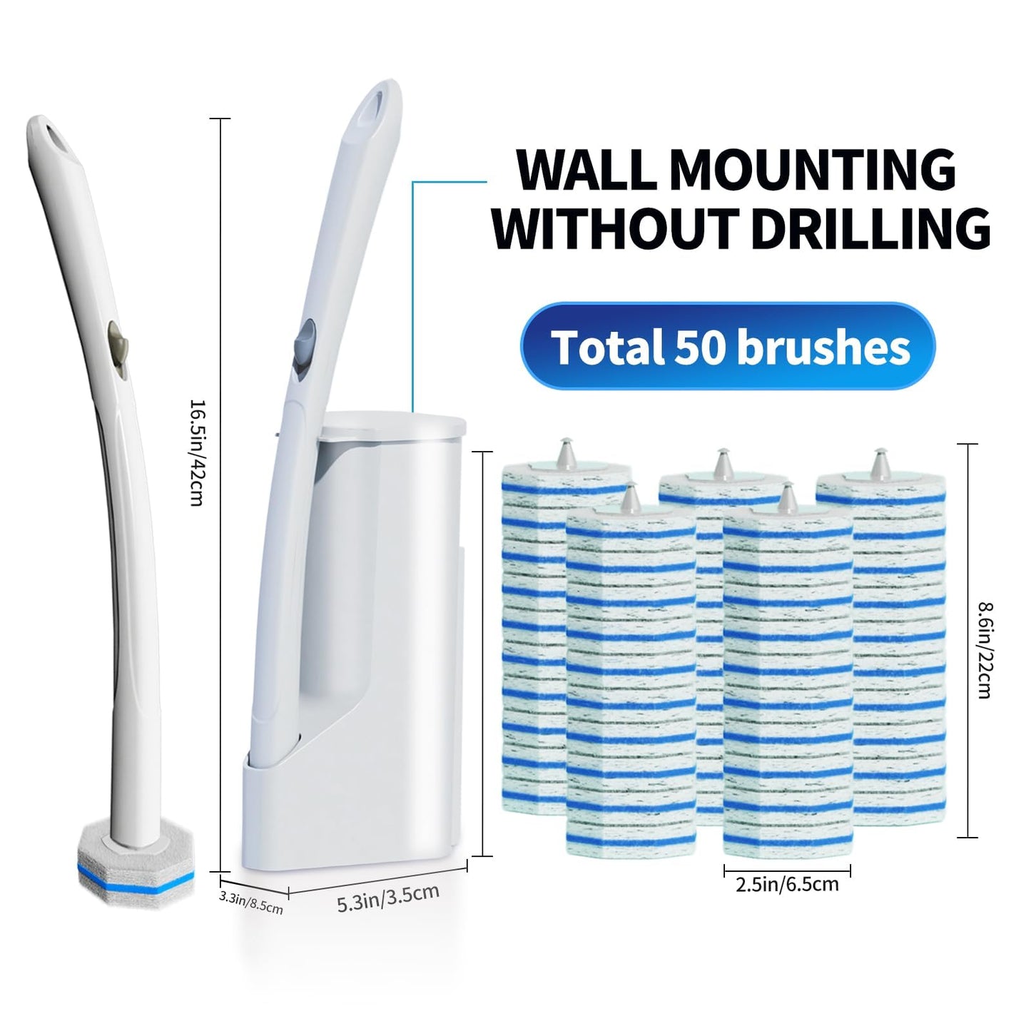 Disposable Toilet Brush Cleaning System with 50pcs Refills Pads Replacement Heads, Toilet Cleaning Stick, Wall Mounted Toliet Wand Kit Bathroom Maintenance, Toilet Bowl Cleaner Wands Holder and Set