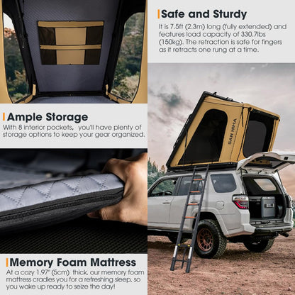Sanhima Rooftop Tent Hard Shell - Hotham Overland Aluminium Roof Top Tent w/Larger Space, LED Strip Light & Skyview Window, 2” Thick Mattress, for Car SUV Truck Camping, 2-3 People, Khaki