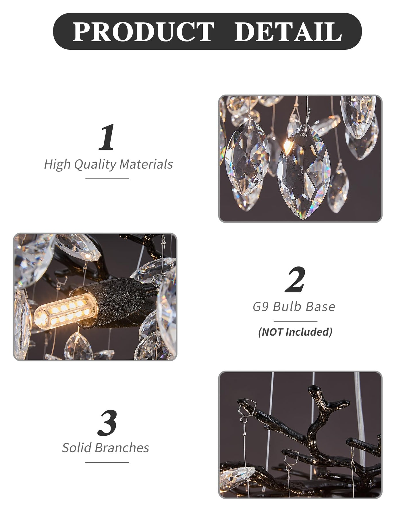 witkey Modern Tree Branch Crystal Chandelier Luxury Black Crystal Pendant Lighting 30" Contemporary 10-Light Chandeliers for Dining Room Kitchen Bedroom Living Room