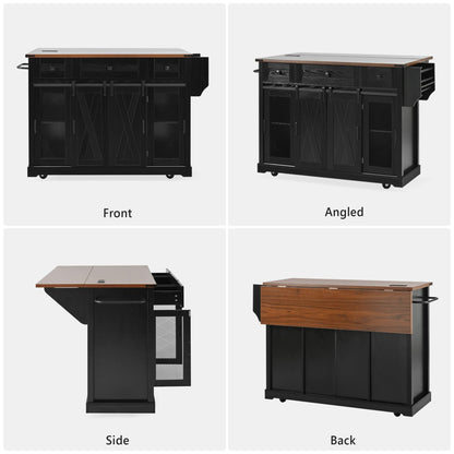 Bellemave 58" Farmhouse Kitchen Island cart with Charging Station and with Storage, Sliding Barn Door & Metal Grid Side Door, Rolling Kitchen Island Table with 5 Wheels with Spice Rack, Black