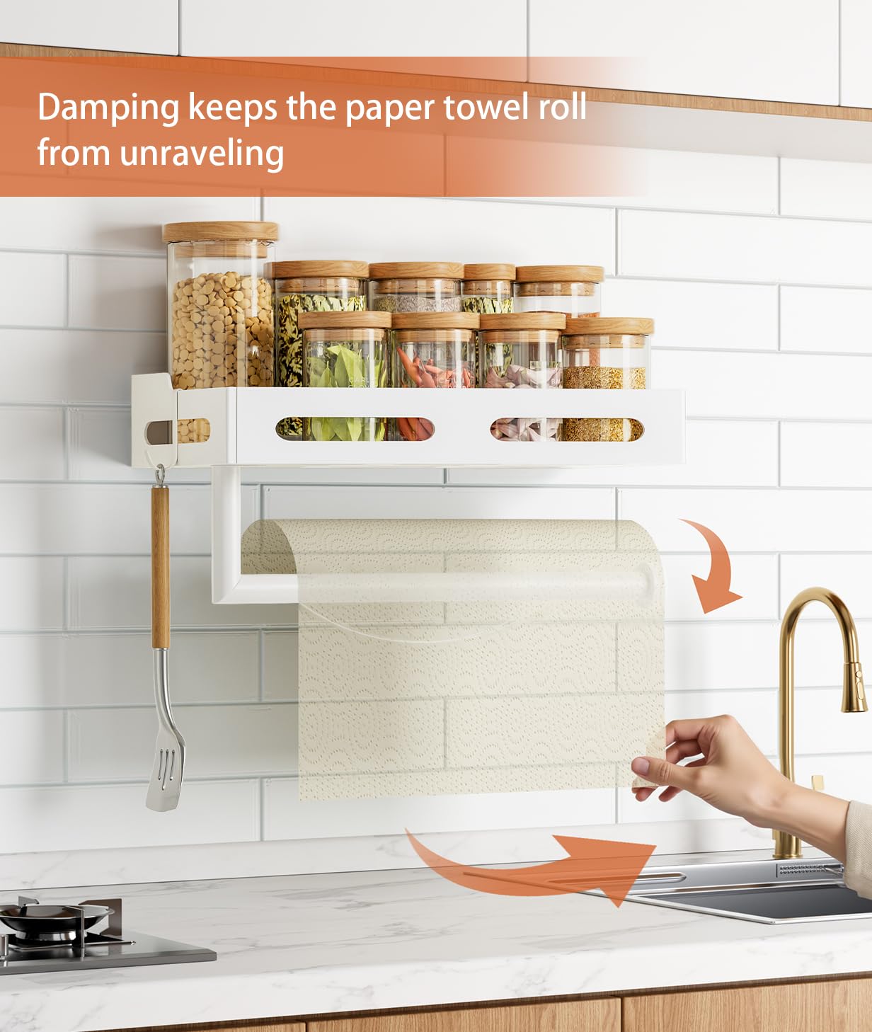 Paper Towel Holder Wall Mount with Shelf, Easy One Hand Tear, Adhesive Glue or Drill Mount Hanging Paper Towel Holder with Shelf for Kitchen/Bathroom/RV, White Metal, 4 Hooks