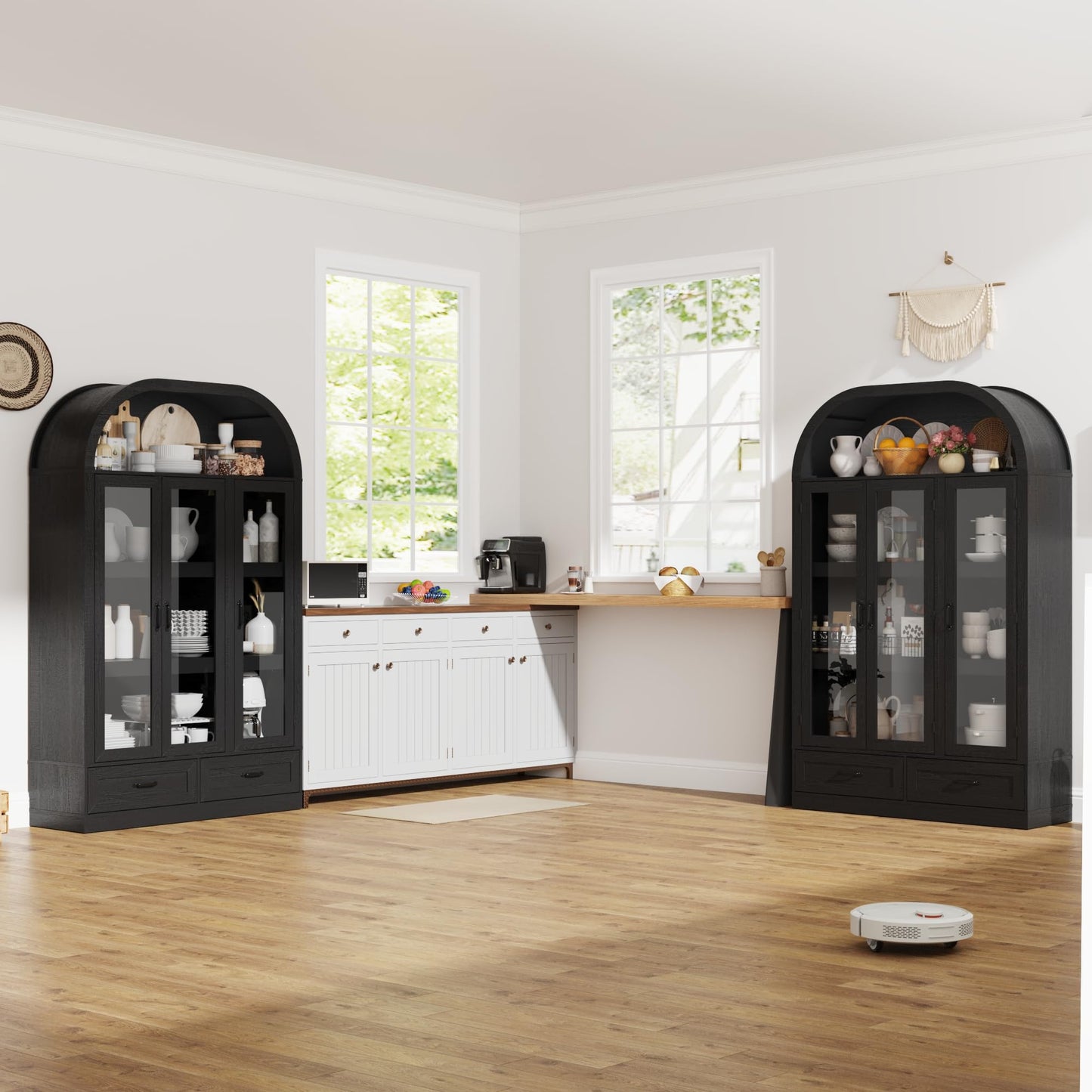 73" Tall Arched Kitchen Pantry Cabinet w Load-Bearing Steel Pipe,Modern Farmhouse Kitchens Storage Cabinet with Drawer and Glass Doors,Tall Arched Bookcase,Pantry Organizer(Woodgrain Black)