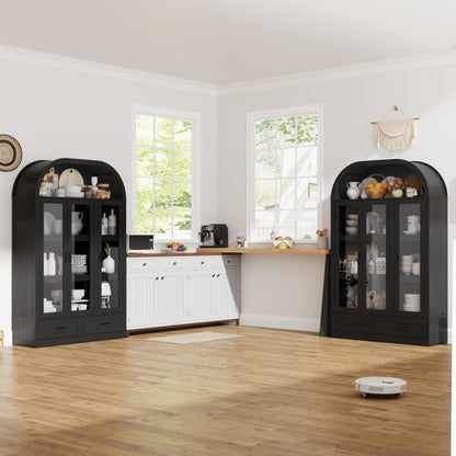 73" Tall Arched Kitchen Pantry Cabinet w Load-Bearing Steel Pipe,Modern Farmhouse Kitchens Storage Cabinet with Drawer and Glass Doors,Tall Arched Bookcase,Pantry Organizer(Woodgrain Black)