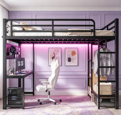 Bellemave Queen Size Loft Bed with Desk,with USB Ports, Lights, and Hanging Rod, Cave Board Design, Metal Queen Loft Bed Frame for Adults, Kids, Teens, Black