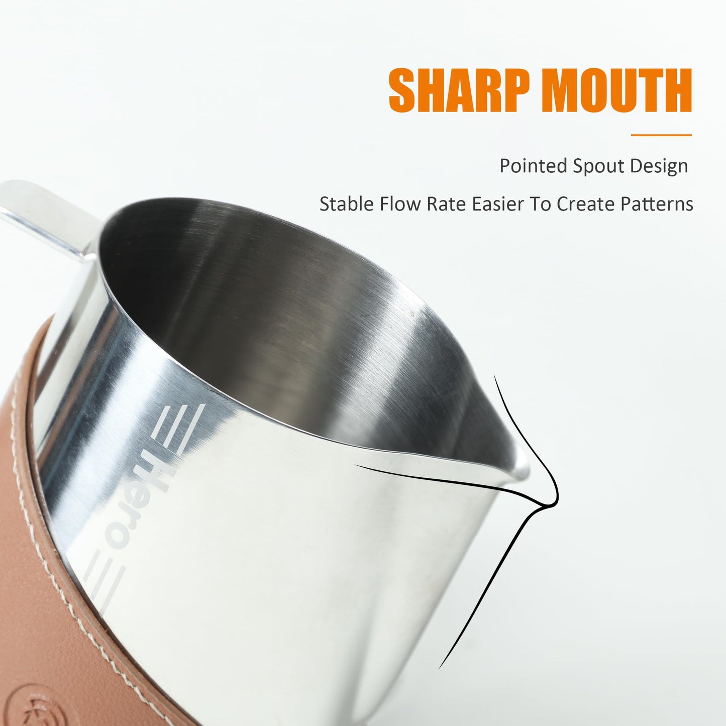 CUFEJORO Milk Frothing Pitcher 450ml/16oz 304 Stainless Steel Espresso Steaming Pitcher with PU Leather, Milk Frothing Jug,milk frother cup,Milk Jug Cup,Premium Barista Tools,Latte Art (Bright,16oz)