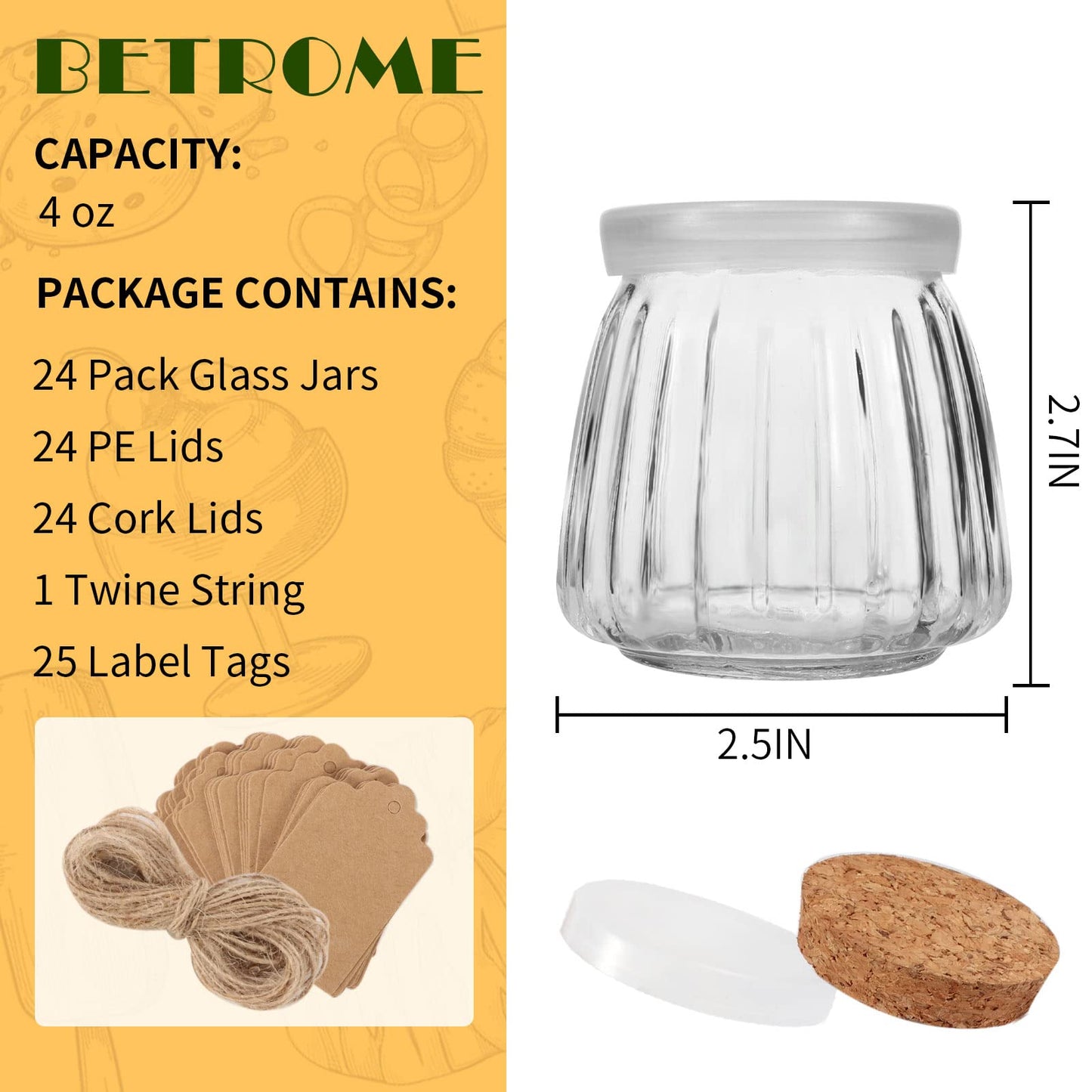 4oz Glass Jars with PE Lids and Cork Lids, 24 Pack Mini Pudding Jars Yogurt Jars Containers for Spice, Jam, honey, Mousse, Wedding, Shower Favors, DIY and Art